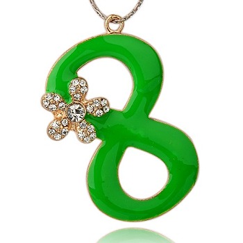 Golden Alloy Enamel Big Pendants, with Rhinestone, Number 8, Lime Green, 62x40x5mm, Hole: 3.5mm