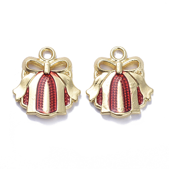 Golden Plated Alloy Enamel Pendants, for Christmas, Christmas Red Stripe Bell, Gold, 19x17x3mm, Hole: 2mm