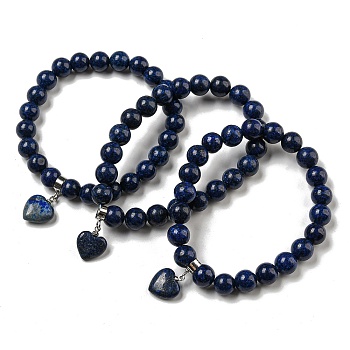 8.5mm Round Natural Lapis Lazuli Dyed Beaded Stretch Bracelets, Heart Charm Bracelets with Brass Bails for Women, Inner Diameter: 2-1/8 inch(5.5cm)