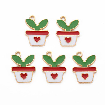 Alloy Enamel Pendants, Cadmium Free & Lead Free, Light Gold, Potting with Heart & Leaf, White, 17.5x13x1.5mm, Hole: 1.2mm