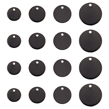 40Pcs 4 Styles 304 Stainless Steel Pendants, Blank Stamping Tag, Flat Round, Electrophoresis Black, 8~15x1mm, Hole: 1.2~1.4mm, 10pcs/style