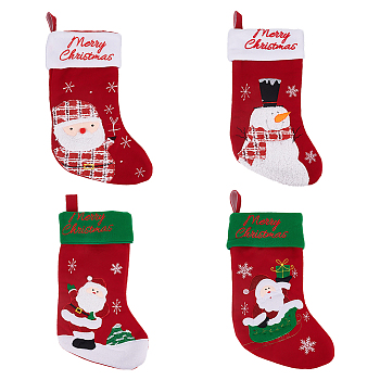 WADORN&reg 4Pcs 4 Style Cloth Christmas Stocking Hanging Decoration, Candy Gift Bag, for Christmas Tree Decoration, Mixed Patterns, 375~415x240~255x28mm, 1pc/style