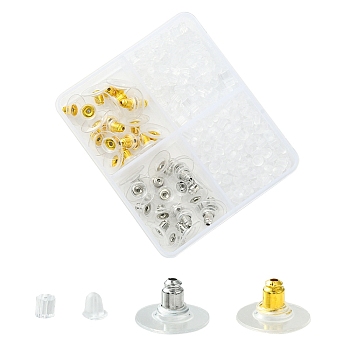 440Pcs 4 Styles Plastic Bell Ear Nuts, Brass Comfort Clutch Ear Nuts, Platinum & Golden, 3~12x3~12x3~7mm, Hole: 0.5~1mm