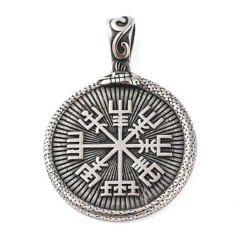 316 Surgical Stainless Steel Big Pendants, Flat Round with Vegvisir & Valknut & Snake Charm, Antique Silver, 55x38x3mm, Hole: 9x6.5mm