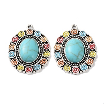 Bohemia Tibetan Style Alloy & Enamel & Synthetic Turquoise Pendants, Oval Charms, Antique Silver, Colorful, 34x27x6mm, Hole: 1.5mm