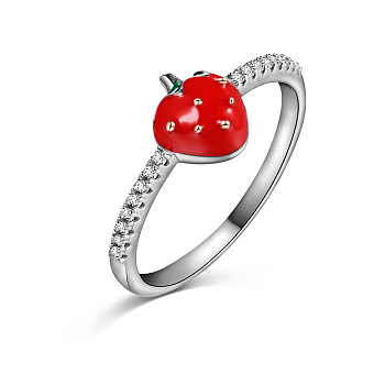 Enamel Strawberry Finger Rings, Rhodium Plated 925 Sterling Silver with Cubic Zirconia Ring for Women, Platinum, US Size 7(17.3mm)