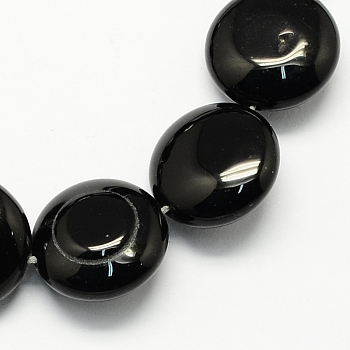 Dyed Natural Black Onyx Beads Strands, Flat Round, Black, 16x5mm, Hole: 1mm, about 25pcs/strand, 16.5 inch
