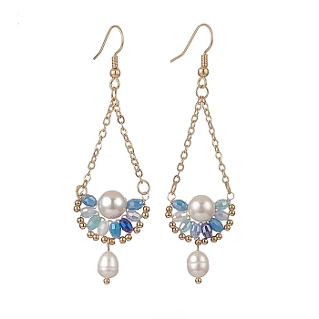 Natural Pearl & Glass Teardrop with Flower Dangle Earrings, Golden Brass Jewelry for Women, Deep Sky Blue, 74mm, Pin: 0.5mm
