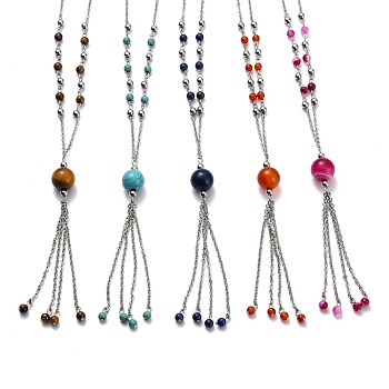 304 Stainless Steel Pendant Necklaces, with Cable Chains and Natural & Synthetic Gemstone Round Beads, Stainless Steel Color, 13.97 inch(35.5cm)
