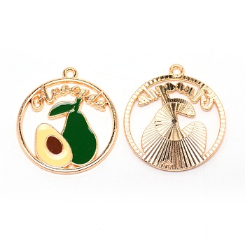 Alloy Pendant, with Enamel, Flat Round with Avocado, Light Gold, 31x28x1.5mm, Hole: 2mm, 10pcs/bag