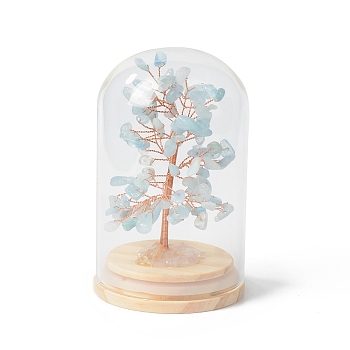 Natural Aquamarine Chips Money Tree in Dome Glass Bell Jars with Wood Base Display Decorations, for Home Office Decor Good Luck, 71x114mm