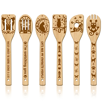 6Pcs Bamboo Spoons & Knifes & Forks, Flatware for Dessert, Cat Shape, 60x300mm, 6 style, 1pc/style, 6pcs/set