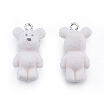 Opaque Resin Pendants, with Platinum Tone Iron Loops, Flocky Bear Charms, White, 30x16x11mm, Hole: 2.5mm