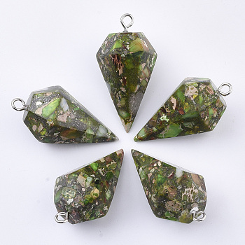 Synthetic Gold Line Regalite/Imperial Jasper/Sea Sediment Jasper Pointed Pendants, with Platinum Plated Iron Findings, Dyed, Cone Pendulum, Light Green, 43~44x23.5x20~21.5mm, Hole: 3mm