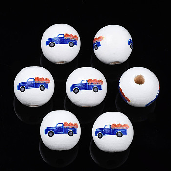 Autumn Theme Printed Natural Wood Beads, Round with Car with Pumpkin & Truck, Dark Blue, 15.5x14.5mm, Hole: 4mm
