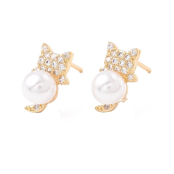 Cubic Zirconia Cat Stud Earrings with Acrylic Pearl, Brass Jewelry for Women, Lead Free & Cadmium Free, Real 18K Gold Plated, 12.5x7.5mm, Pin: 0.8mm