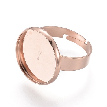 Adjustable 201 Stainless Steel Finger Rings Components, Pad Ring Base Findings, Flat Round, Rose Gold, Size 7, 17~17.5mm, Inner Size: 16mm