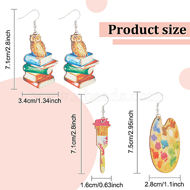 2 Pair 2 Style Book & Brush & Palette Single Face Printed Wood Dangle Earrings(EJEW-AN0002-74)-2