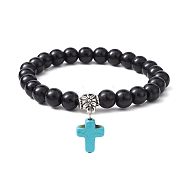 Synthetic Black Stone Round Beaded Stretch Bracelet, with Synthetic Turquoise Cross Charms, Turquoise, Inner Diameter: 2-1/8 inch(5.5cm)(BJEW-JB09745-01)