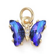 Brass Micro Pave Clear Cubic Zirconia Pendant, with Glass, Butterfly, Golden, Blue, 12.5mm(ZIRC-P079-B01-09)
