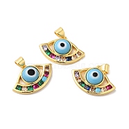 Handmade Evil Eye Lampwork Pendants, with Brass Cubic Zirconia Finding, Cadmium Free & Lead Free, Real 18K Gold Plated, Fan Charm, Light Sky Blue, 15x23x4.8mm, Hole: 3x4mm(LAMP-E034-01G-04)