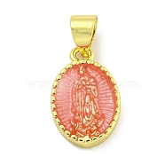 Rack Plating Brass Enamel Pendants, Long-Lasting Plated, Lead Free & Cadmium Free, Real 18K Gold Plated, Oval with Saint Charm, Coral, 15x10x3mm, Hole: 5x3.5mm(KK-B091-15D)