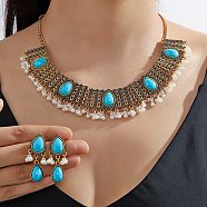 Bohemia Style Alloy Teardrop Jewelry Set, Acrylic Imitation Turquoise Beaded Dangle Stud Earrings & Bib Necklace, Antique Golden, Necklaces: 417mm; Earring: 42.5x16mm(SJEW-H076-02AG)