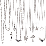 12Pcs 12 Style Heart & Cross & Butterfly & Bat Alloy Enamel Pendant Necklaces Set with Rhinestone, Iron Thorns Link Chains Stackable Necklaces for Women, Antique Silver, 15.55~25.39 inch(39.5~64.5cm), 1Pc/style(NJEW-FI0001-03)