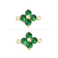 Rack Plating Brass Pave Cubic Zirconia Connector Charms, Flower Links, Real 18K Gold Plated, Long-Lasting Plated, Lead Free & Cadmium Free, Green, 13.5x10x4mm, Hole: 1mm(KK-H474-20G-01)