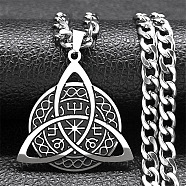 304 Stainless Steel Enamel Pendant Necklaces, Flat Round with Triquetra, Stainless Steel Color, 23.78 inch(60.4cm)(NJEW-P293-02P)