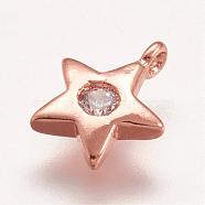 Brass Micro Pave Cubic Zirconia Charms, Star, Rose Gold, 8.5x7x2mm, Hole: 1mm(ZIRC-E117-29RG)