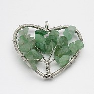 Brass Gemstone Pendants, Heart with Tree of Life, Platinum, 46~50x48~53x10mm, Hole: 5mm(G-F181-03)