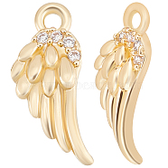 Brass Micro Pave Clear Cubic Zirconia Charms, Cadmium Free & Lead Free, Wing, Real 14K Gold Plated, 14x6x2mm, Hole: 1.2mm, about 10pcs/box(KK-BBC0005-15)