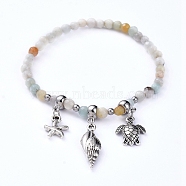 Natural Flower Amazonite Stretch Bracelets, with Alloy Pendants and Tube Bails, Spiral Shell & Sea Turtle & Starfish, 2-1/8 inch(5.4cm)(BJEW-JB05108-01)