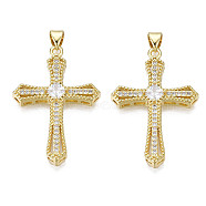 Brass Micro Pave Cubic Zirconia Pendants, with Brass Snap on Bails, Real 18K Gold Plated, Nickel Free, Cross, Clear, 35.5x24x5.5mm, Hole: 3x5mm(KK-N227-86A)