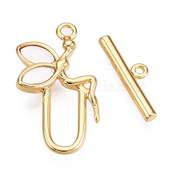 Brass Toggle Clasps, with Shell, Fairy, Real 18K Gold Plated, 19.5x11x3mm, Hole: 1.2mm, Bar: 4.5x14x1.5mm, Hole: 1mm(KK-N254-157G)