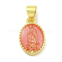 Rack Plating Brass Enamel Pendants, Long-Lasting Plated, Lead Free & Cadmium Free, Real 18K Gold Plated, Oval with Saint Charm, Coral, 15x10x3mm, Hole: 5x3.5mm(KK-B091-15D)