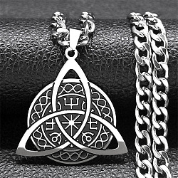 304 Stainless Steel Enamel Pendant Necklaces, Flat Round with Triquetra, Stainless Steel Color, 23.78 inch(60.4cm)(NJEW-P293-02P)
