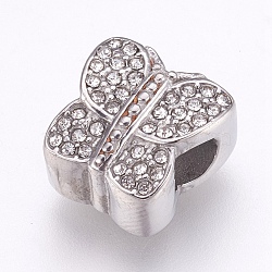 304 Stainless Steel European Beads, Large Hole Beads, with Rhinestone, Butterfly, Crystal, 12x12x8mm, Hole: 4mm(CPDL-G001-03A)