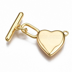 Brass Toggle Clasps, Nickel Free, Heart, Real 18K Gold Plated, 25mm long, Bar: 15x4.5x2.5mm, hole: 1.4mm, Jump Ring: 5x1mm, Inner Diameter: 3mm, Heart: 20X14X3mm, Hole: 1.2mm and 3x7mm(KK-T063-103G-NF)