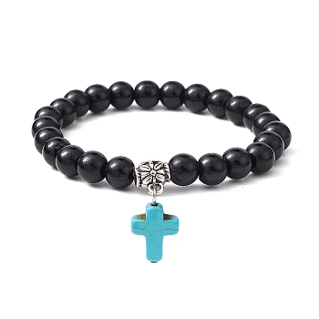 Synthetic Black Stone Round Beaded Stretch Bracelet, with Synthetic Turquoise Cross Charms, Turquoise, Inner Diameter: 2-1/8 inch(5.5cm)