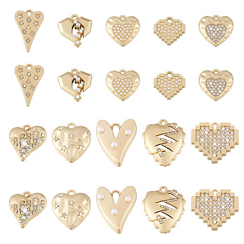 20Pcs 10 Style Alloy Rhinestone Pendant, Heart, Light Gold, 15~24x13~22.5x1.5~4mm, Hole: 1.4~2mm, 2pcs/style