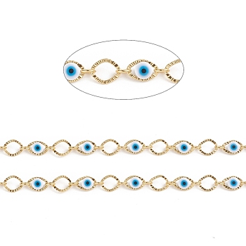 3.28 Feet Handmade Brass Oval Link Chains, with Evil Eye Plastic Beads, Soldered, Long-Lasting Plated, Golden, 9.5x6.5x3mm