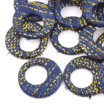 Handmade Raffia Woven Pendants, with Iron & Aluminum Findings and Metallic Cord, Flat Round, Platinum, Dark Blue, 43.5x40.5x5mm, Hole: 1.2mm