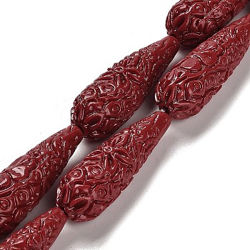 Synthetic Coral Carved Beads Strands, Dyed, Teardrop, Dark Red, 34x10.5mm, Hole: 1.2mm, about 11pcs/strand, 14.65''(37.2cm)