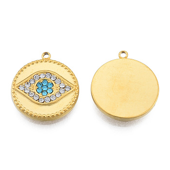 304 Stainless Steel Pendants, with Rhinestone, Flat Round with Eye, Real 18K Gold Plated, 19x16.5x2.5mm, Hole: 1.4mm