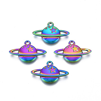Rainbow Color Alloy Pendants, Cadmium Free & Lead Free, Planet, 14x22x2.5mm, Hole: 1.4mm