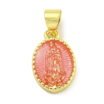 Rack Plating Brass Enamel Pendants, Long-Lasting Plated, Lead Free & Cadmium Free, Real 18K Gold Plated, Oval with Saint Charm, Coral, 15x10x3mm, Hole: 5x3.5mm