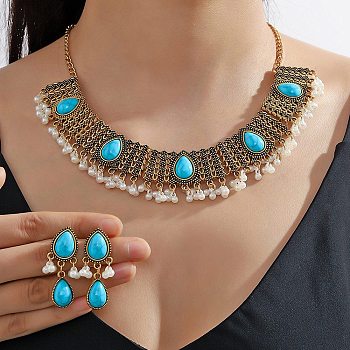 Bohemia Style Alloy Teardrop Jewelry Set, Acrylic Imitation Turquoise Beaded Dangle Stud Earrings & Bib Necklace, Antique Golden, Necklaces: 417mm; Earring: 42.5x16mm