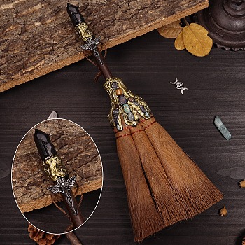 Natural Obsidian Witch Altar Broom, Miniature Wicca Brush, Mane Broomstick for Magic Ceremonial, Halloween Wiccan Ritual, with Alloy Wing, 290x135mm